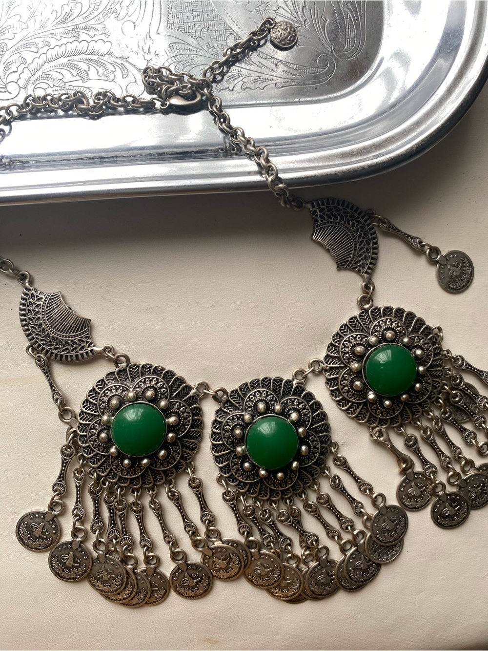 Silver-Tone Green Statement Bib Necklace - Boho Coin Fringe